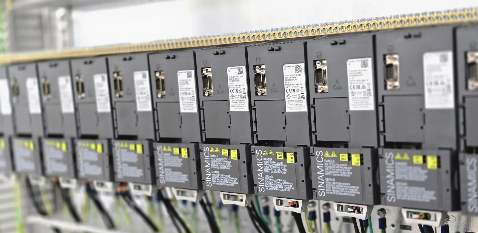 Detailed view of SINAMICS drive hardware prepared for commissioning
